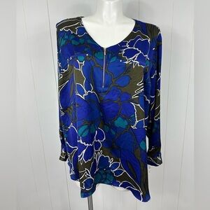 NWT APT 9 Blouse Sz 3X Blue Floral Zip Front Top Gold Accents Roll Tab Sleeve